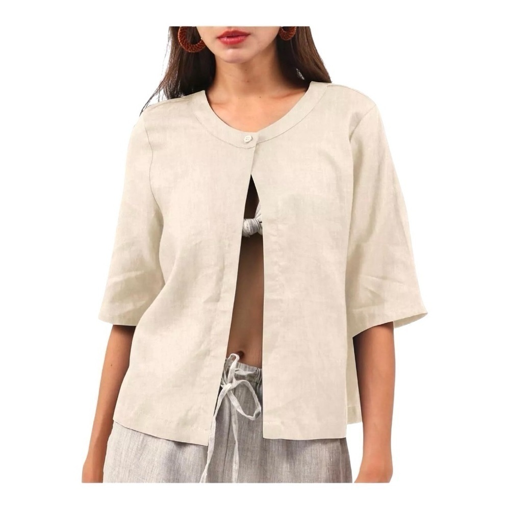 Amazhiyu Women Pure Linen
Open Front Cropped
Cardigan Elbow Sleeve
Summer size M